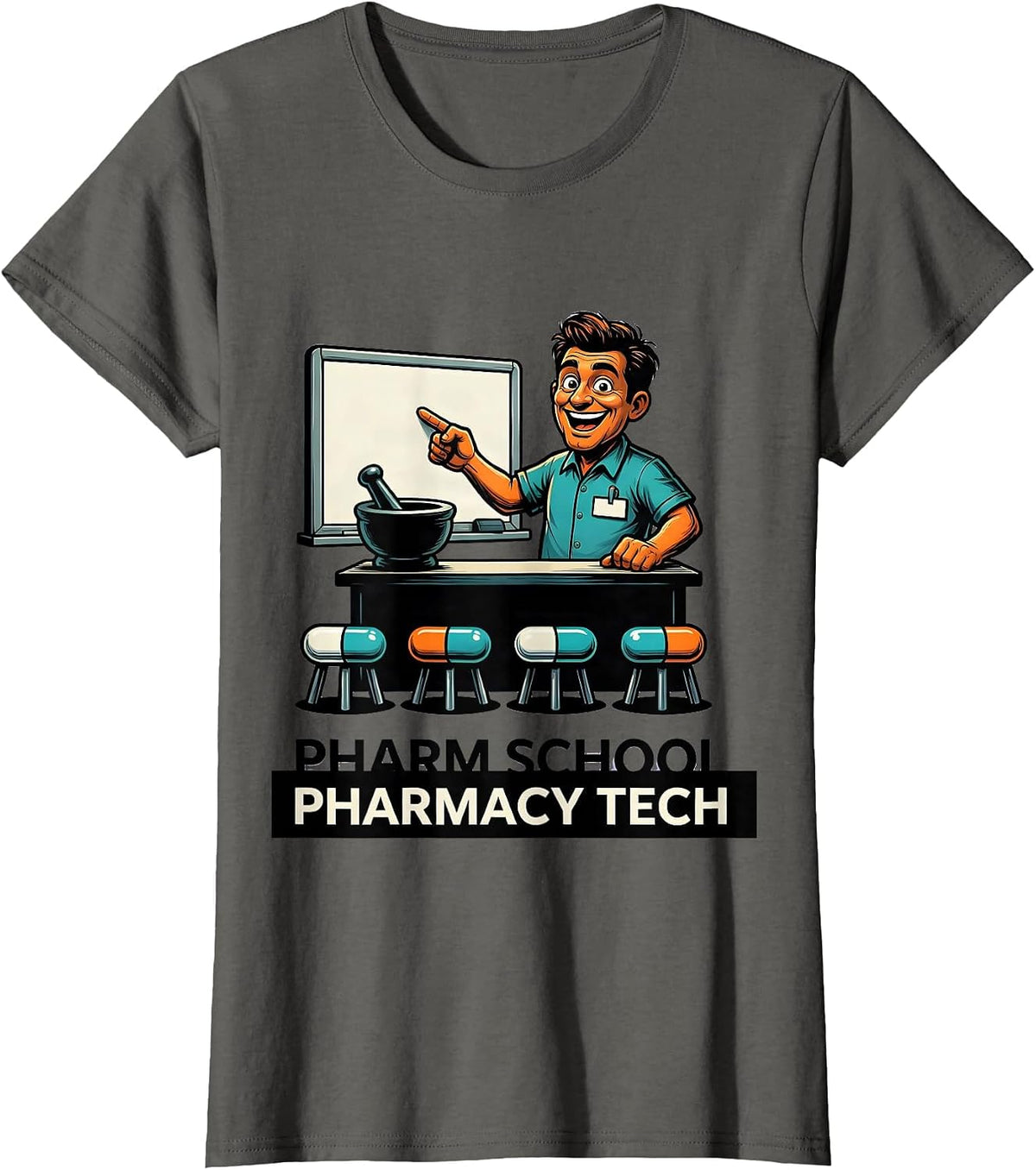 Women's Pharm School Pharmacy Tech Funny Pharmacy Technician Cartoon T-Shirt - Asphalt Grey
