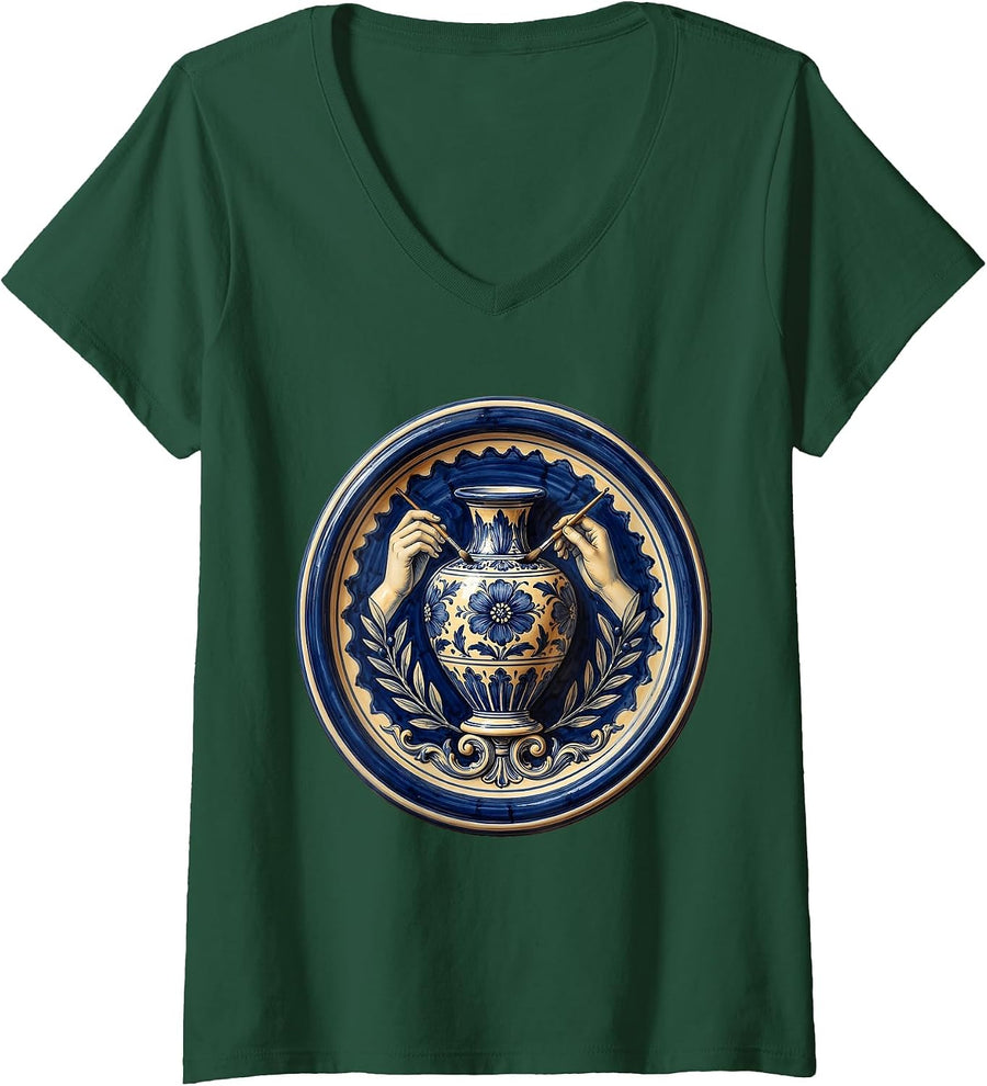 Women's Sicilian Pottery Painter Italian Ceramic Art V-Neck T-Shirt - Dark Green