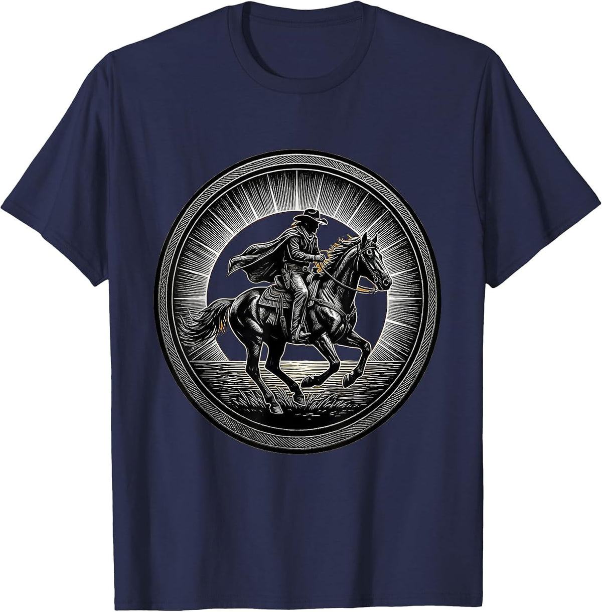 Men's Cowboy Riding Horse at Sunset Silhouette T-Shirt - Navy Blue