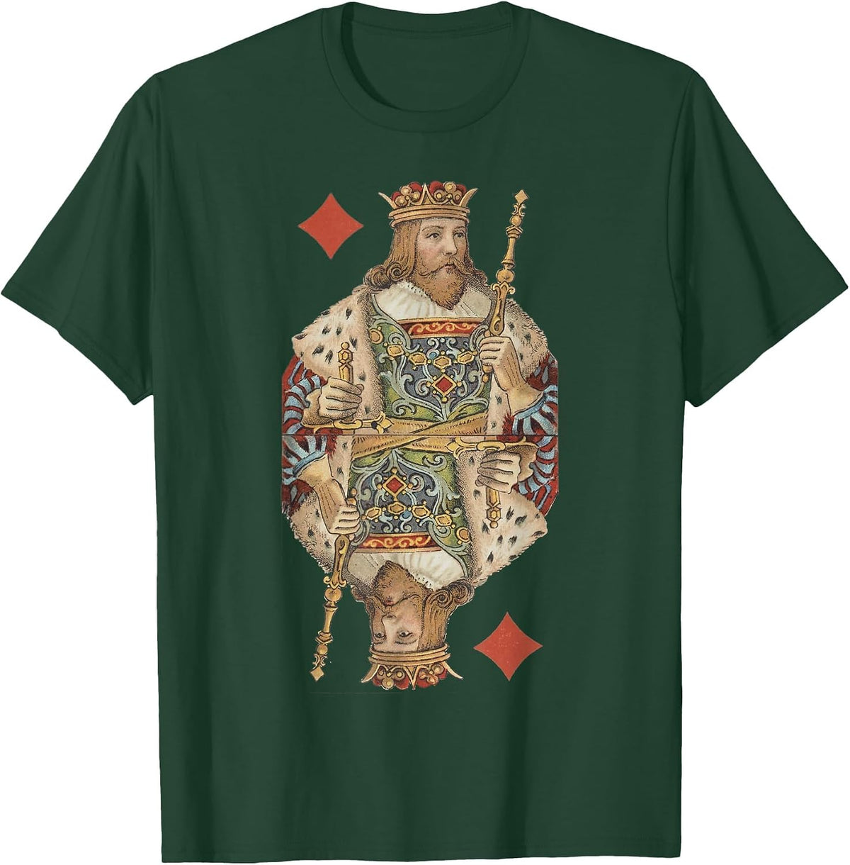 King of Diamonds Antique Art Nouveau Playing Card Art T-Shirt, Men, Dark Green, Small - As Pictured