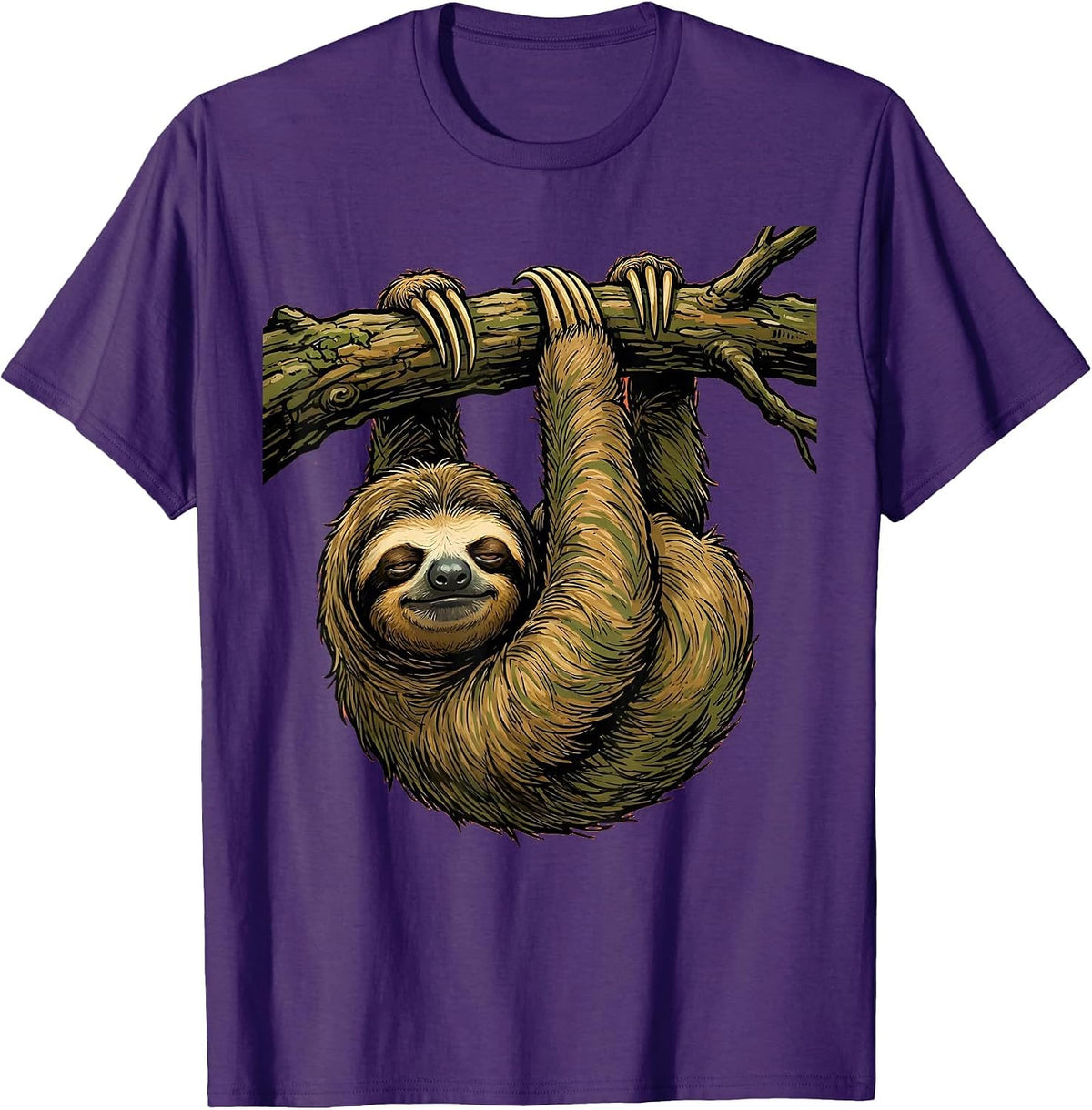 Lazy Sloth Hanging Upside Down Graphic T-Shirt - Purple