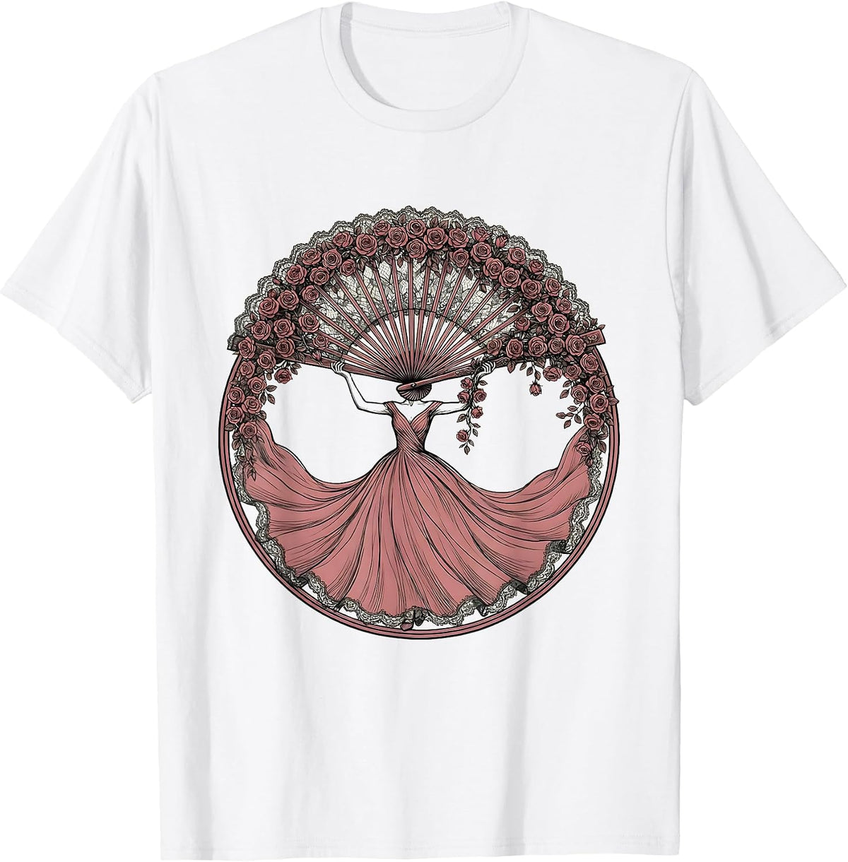 Men's Vintage Lace Fan Climbing Garden Roses Design T-Shirt - White