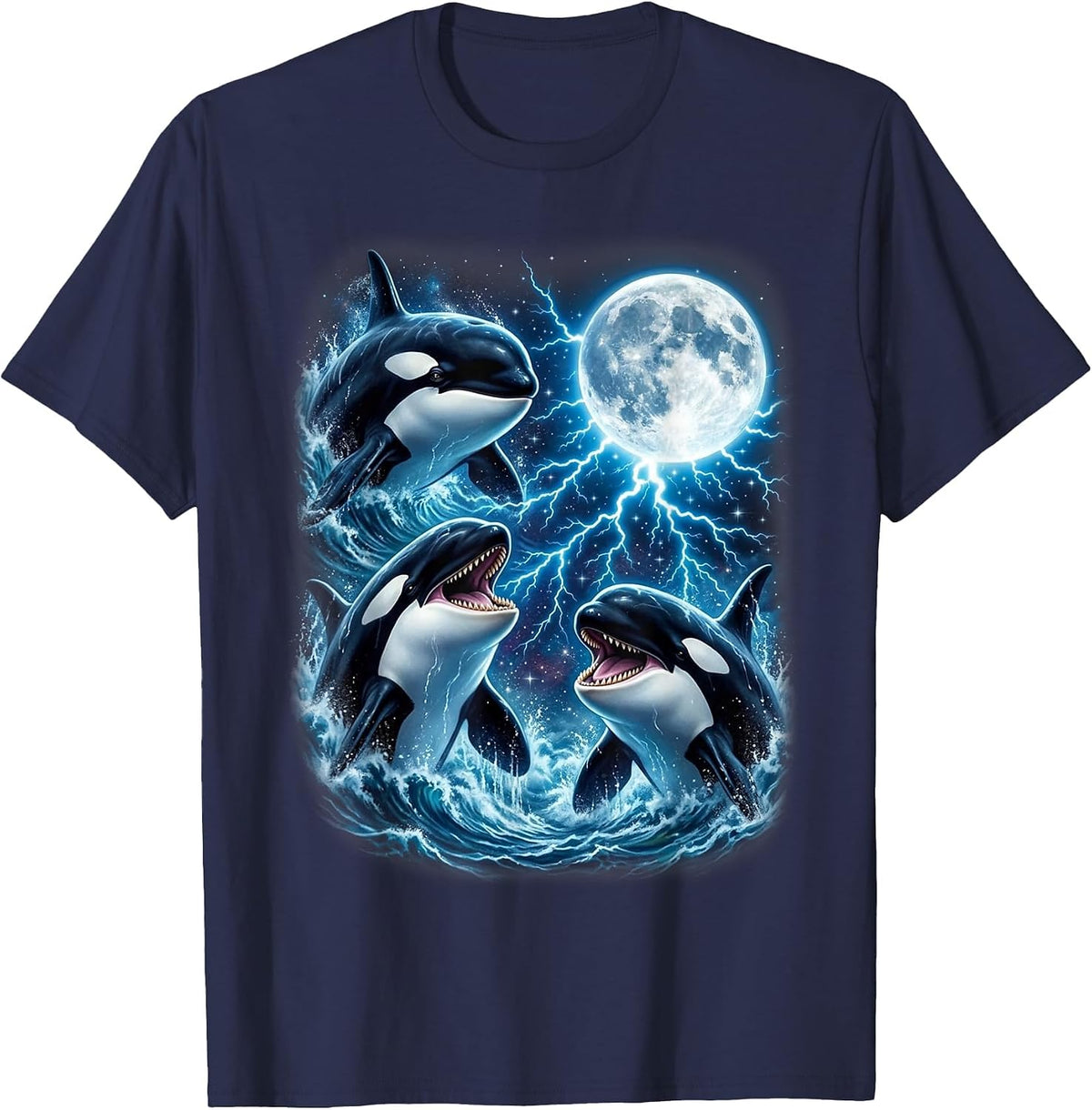 Majestic Three Orca Moon Lightning Sea Life Art T-Shirt - Navy Blue
