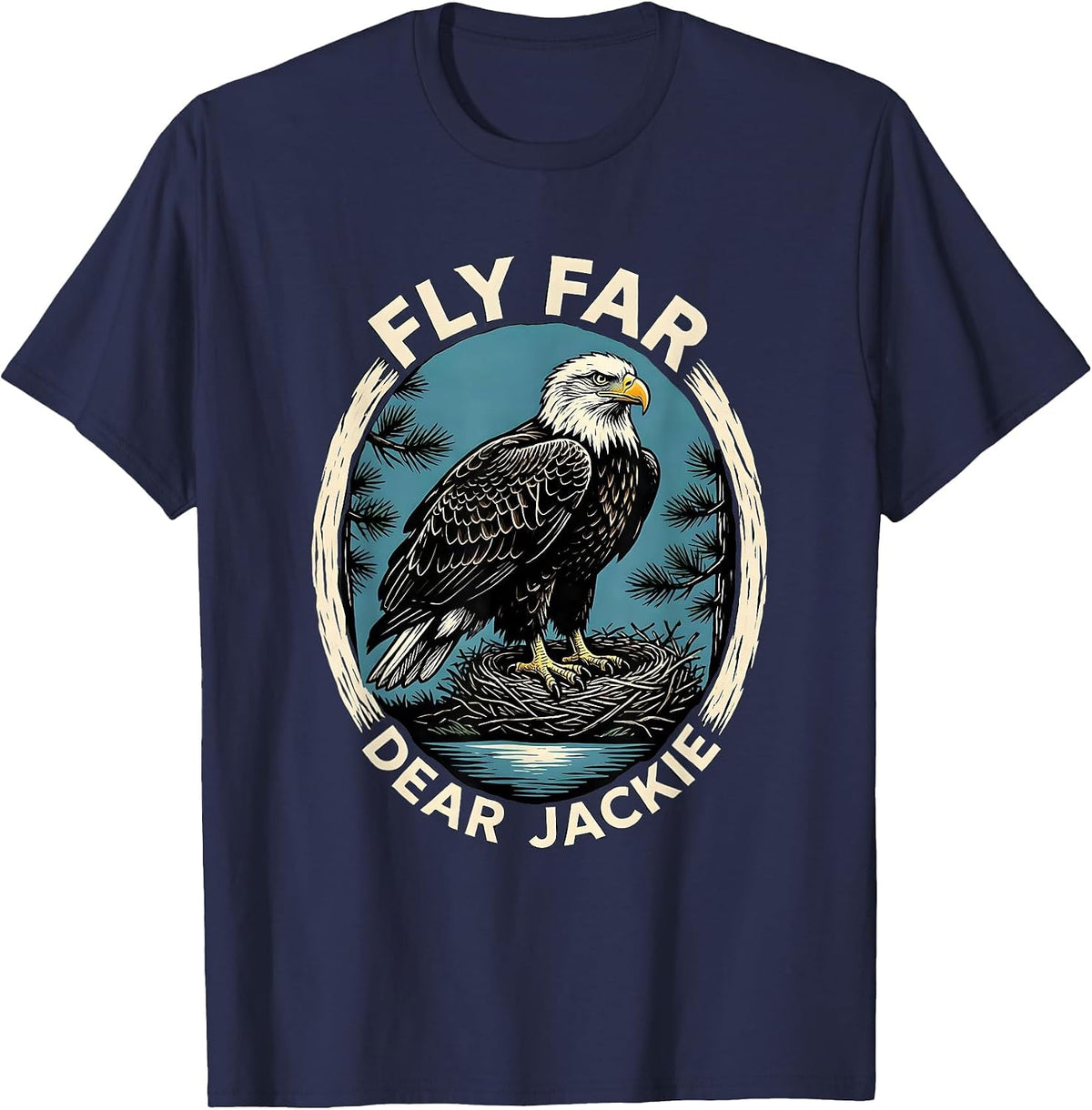 Men's Fly Far Dear Jackie Vintage Bald Eagle Memorial Big Bear T-Shirt - Navy Blue