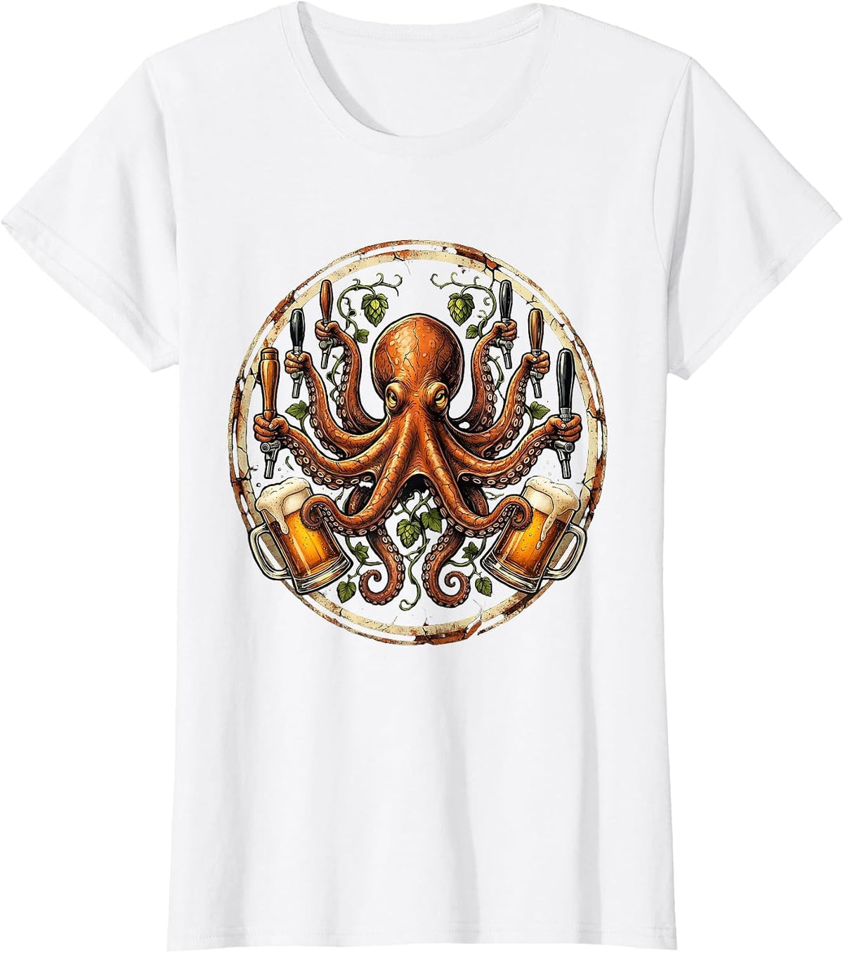 Octopus Draft Beer Multi-Tap Bartender Graphic T-Shirt - White