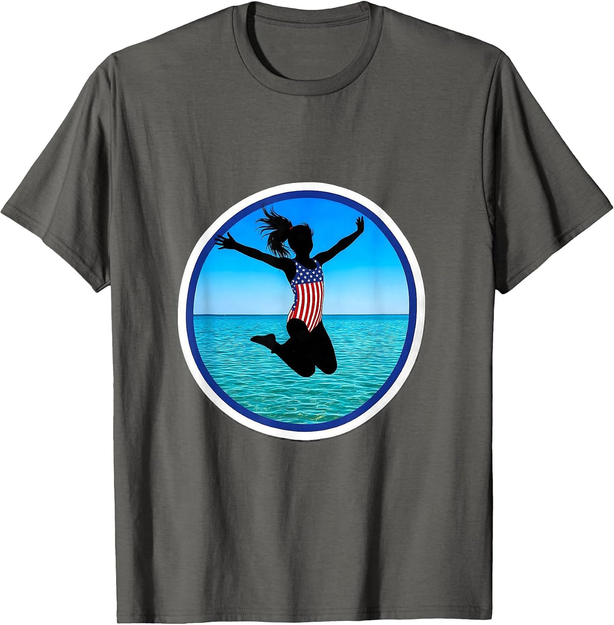 Stars and Stripes Lake Jump Patriotic Design T-Shirt - Asphalt Grey