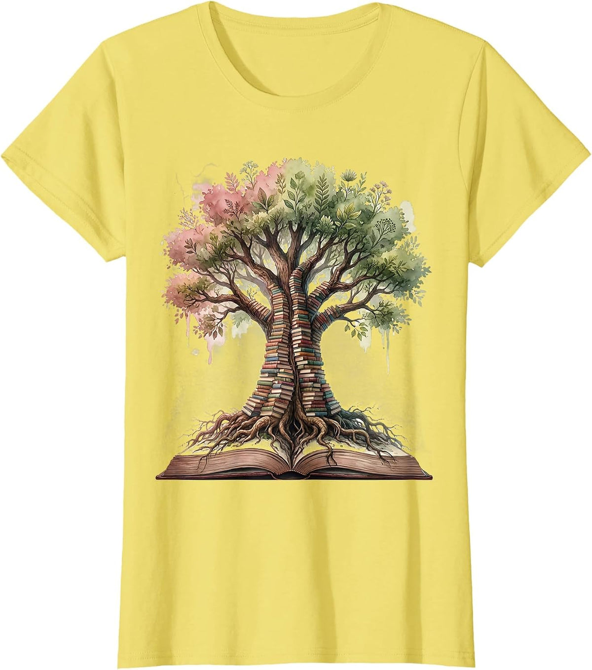 Women's Library Bookshelf Tree Illustration Graphic T-Shirt - Lemon Yellow