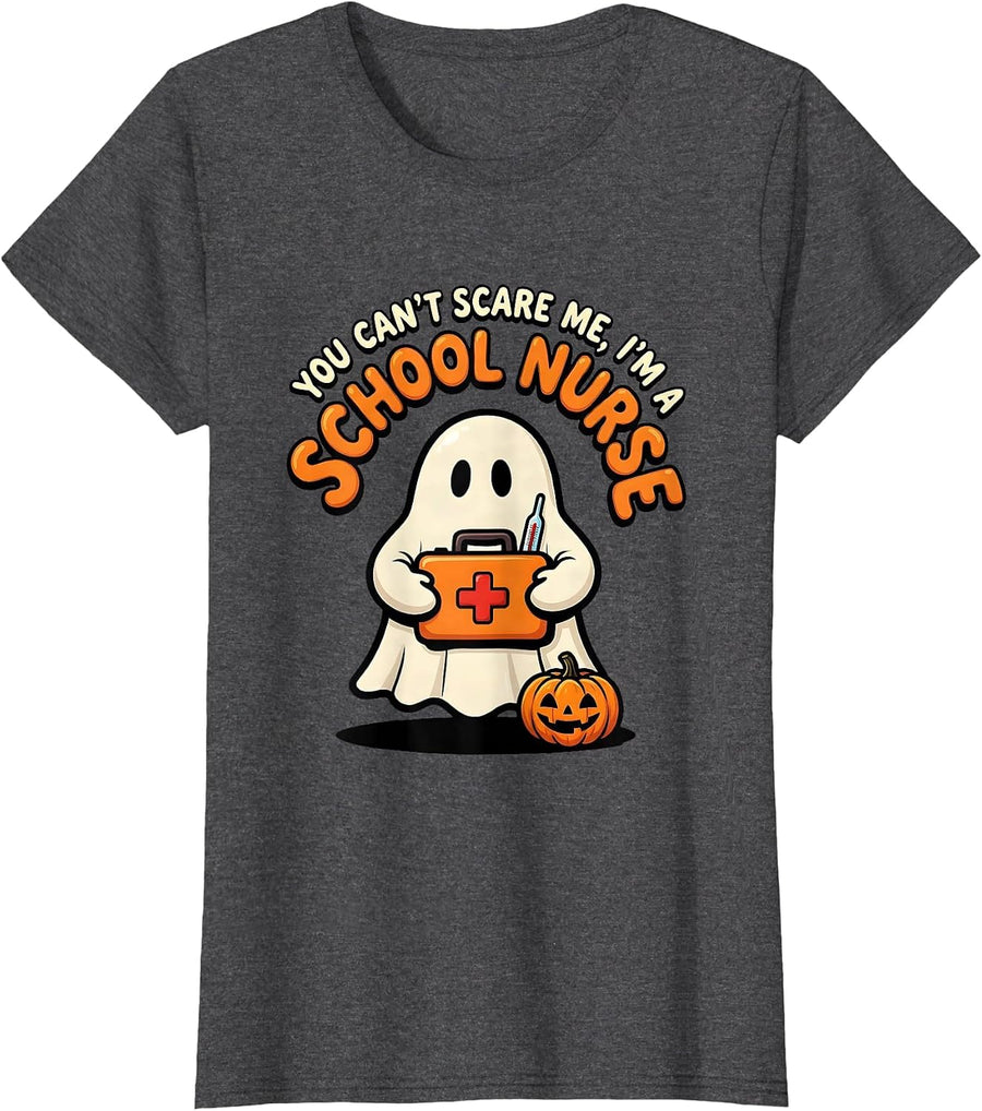 Women's You Can't Scare Me, I'm A School Nurse Cartoon Ghost T-Shirt - Dark Heather Grey