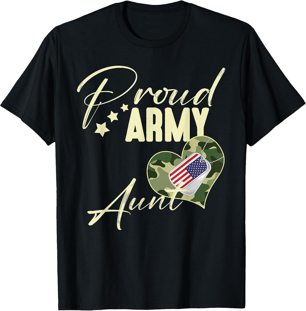Proud Army Aunt Camouflage Dog Tag USA American Flag T-Shirt - Black