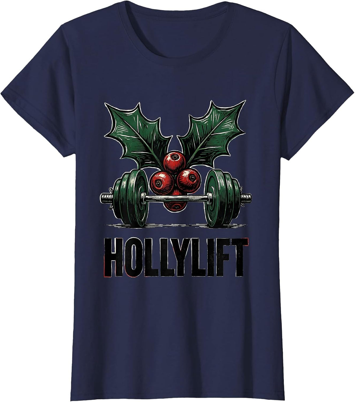 Women's Hollylift Funny Christmas Gym Workout Weightlifting Humor T-Shirt - Navy Blue