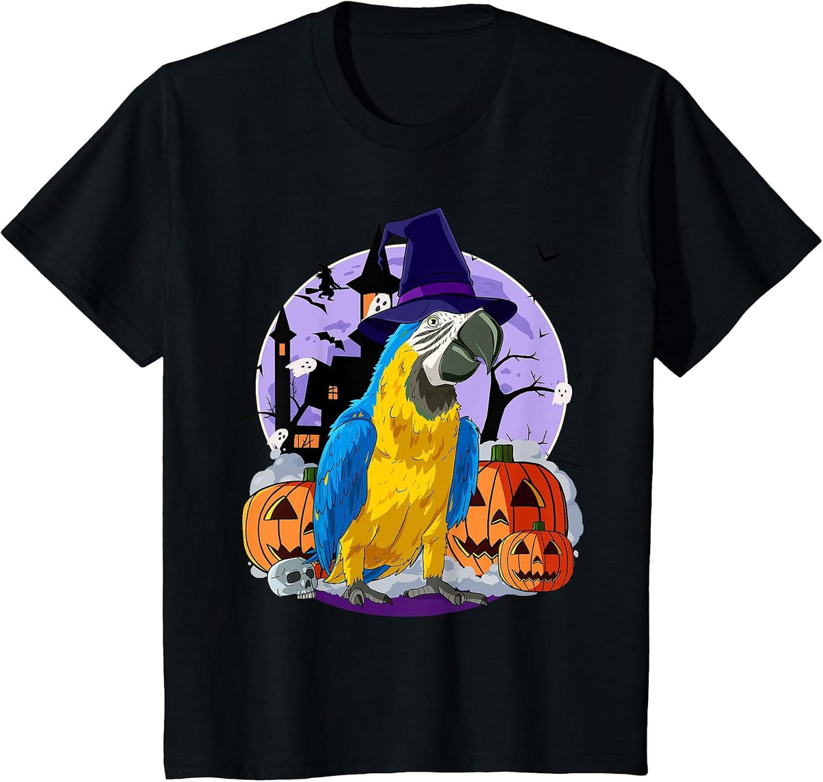 Cute Blue-and-Yellow Macaw Halloween Witch Pumpkin T-Shirt - Black