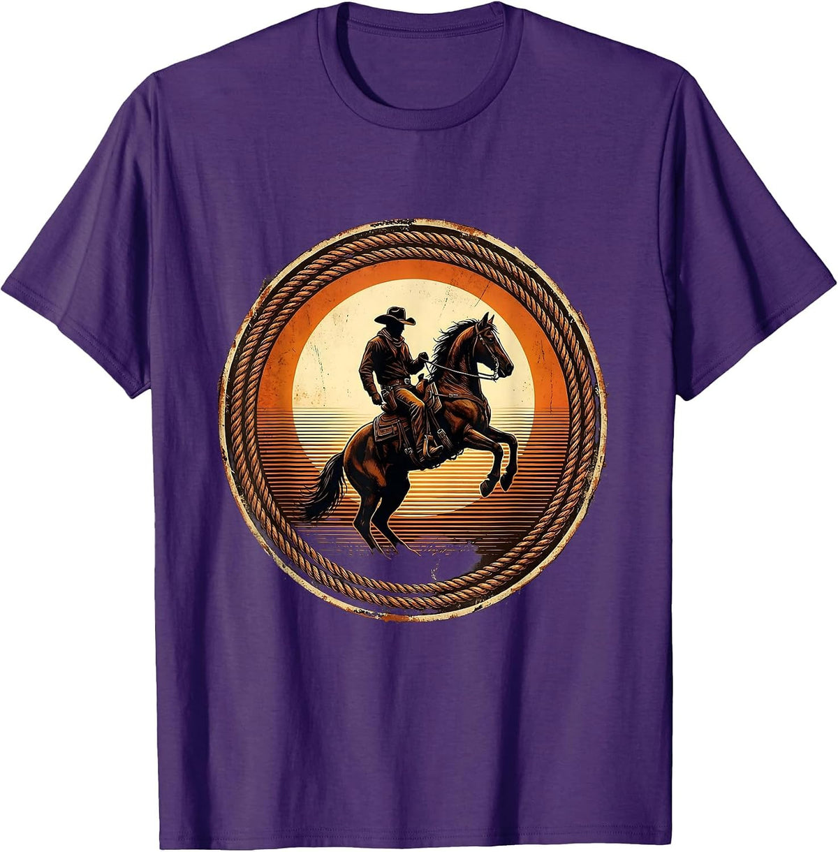 Cowboy Silhouette Riding Horse at Sunset T-Shirt - Purple