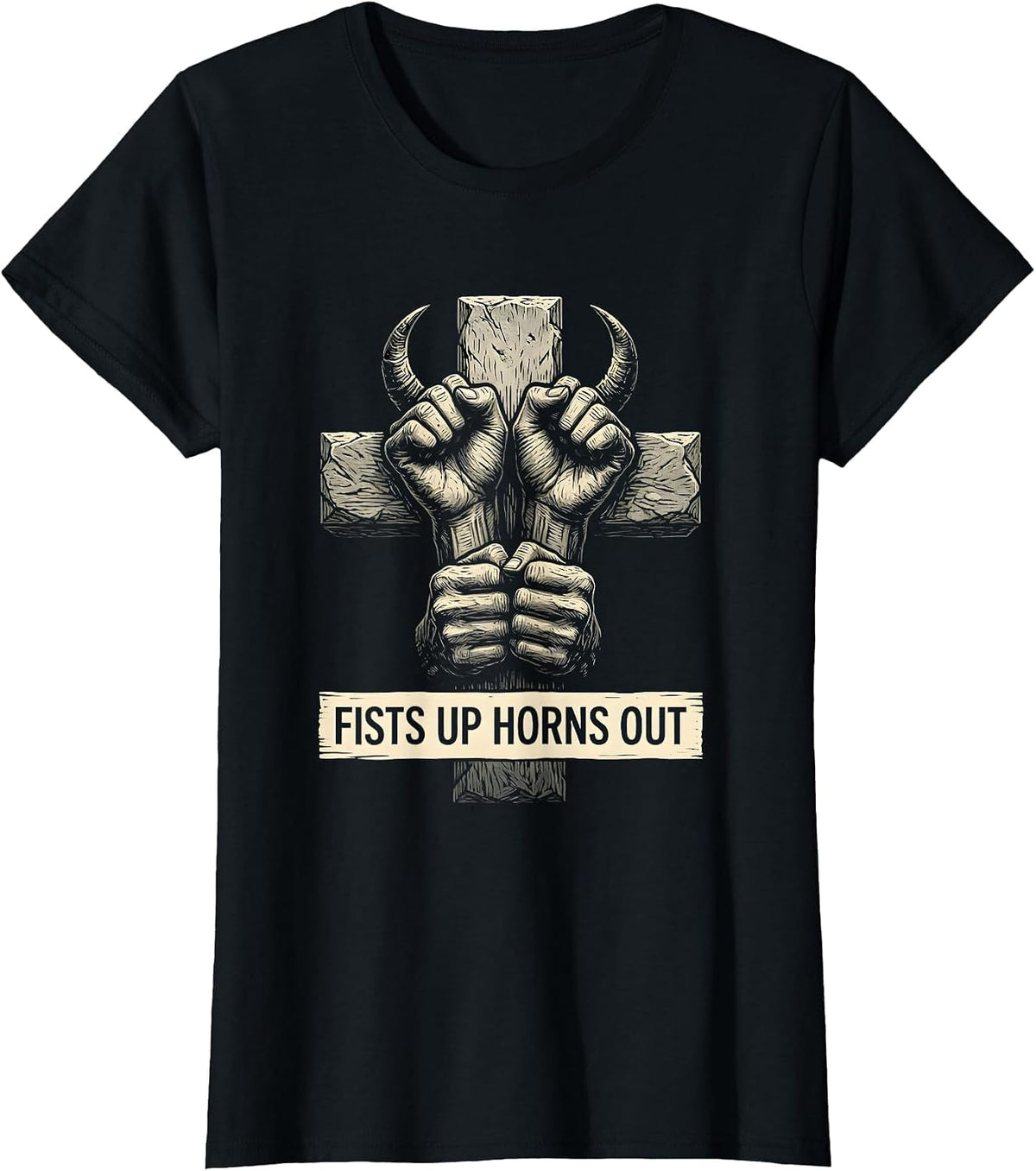 Fists Up Horns Out Metal Band Graphic Design T-Shirt - Black