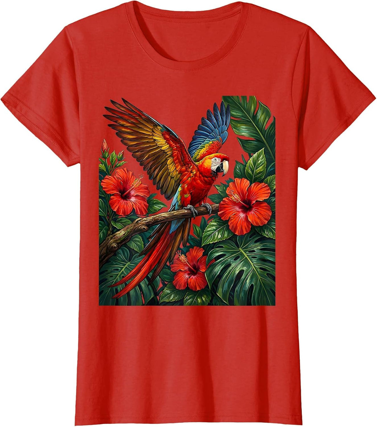 Women's Tropical Parrot Hibiscus Hawaiian Art Design T-Shirt - Red