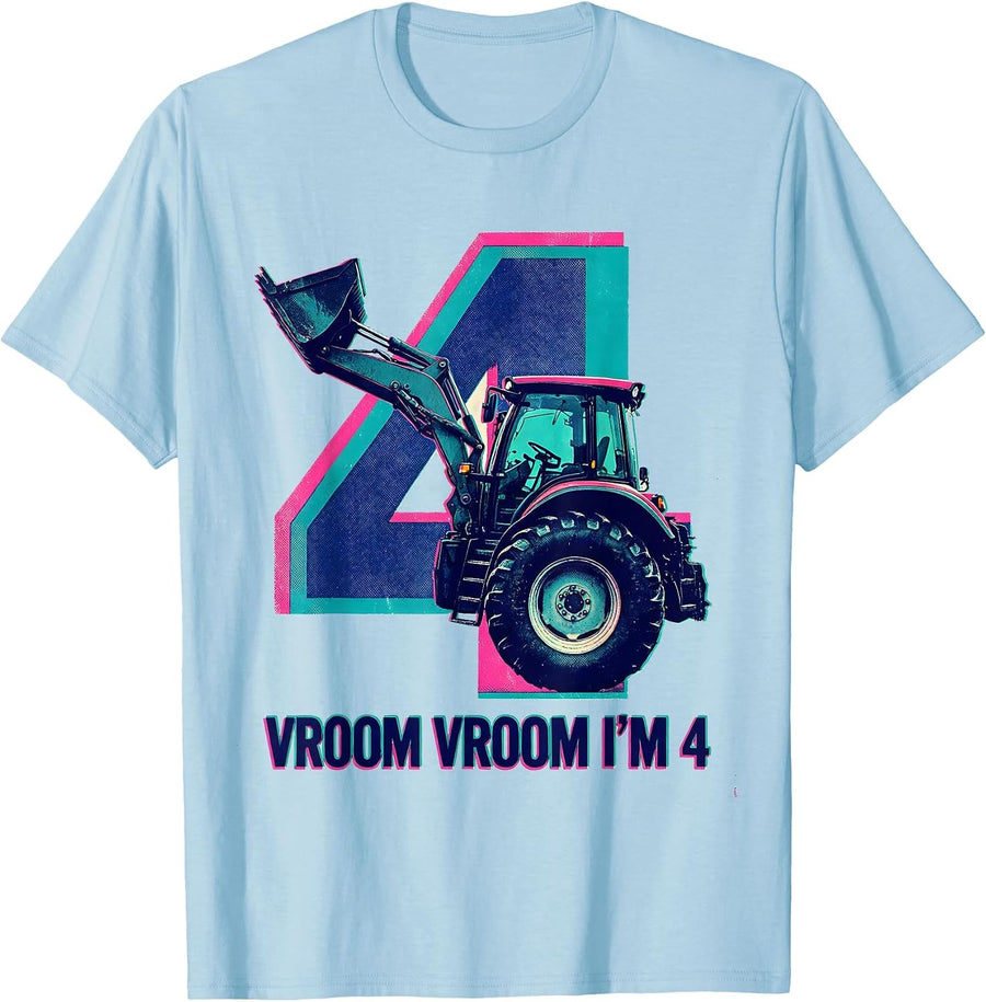 Men's Vroom Vroom I'm 4 Risograph Toddler Birthday Vehicle Lover T-Shirt - Baby Blue