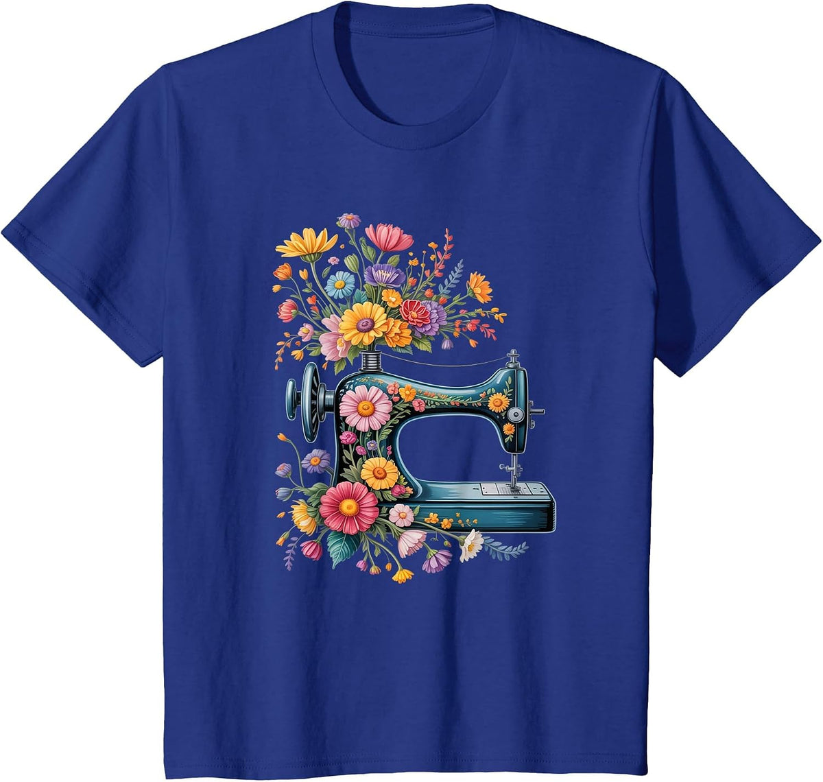 Vintage Sewing Machine with Floral Bloom Quilters Crafters T-Shirt - Royal Blue