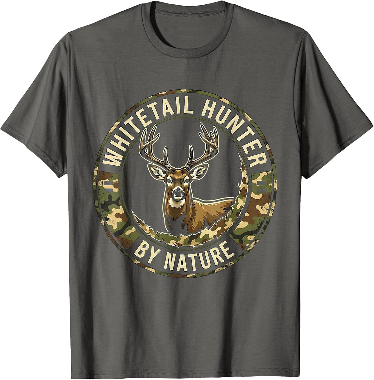 Men's Whitetail Hunter By Nature Distressed Camo Dad Humor T-Shirt - Asphalt Grey