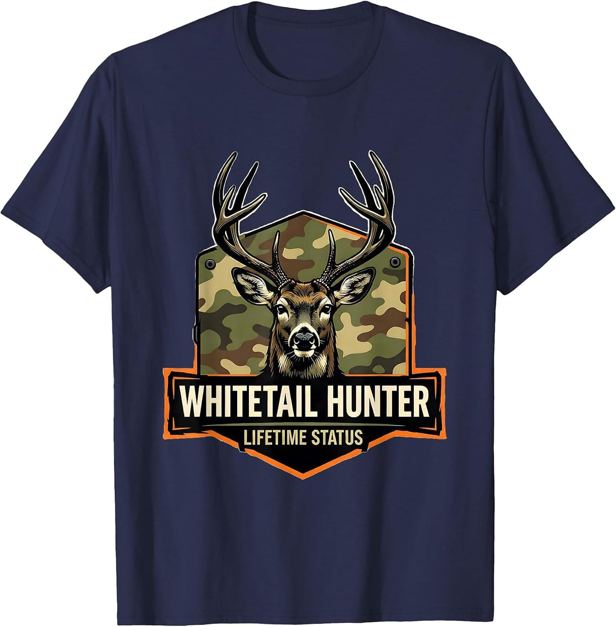 Whitetail Hunter, Lifetime Status Stencil Graphic Camo Dad T-Shirt - Navy Blue