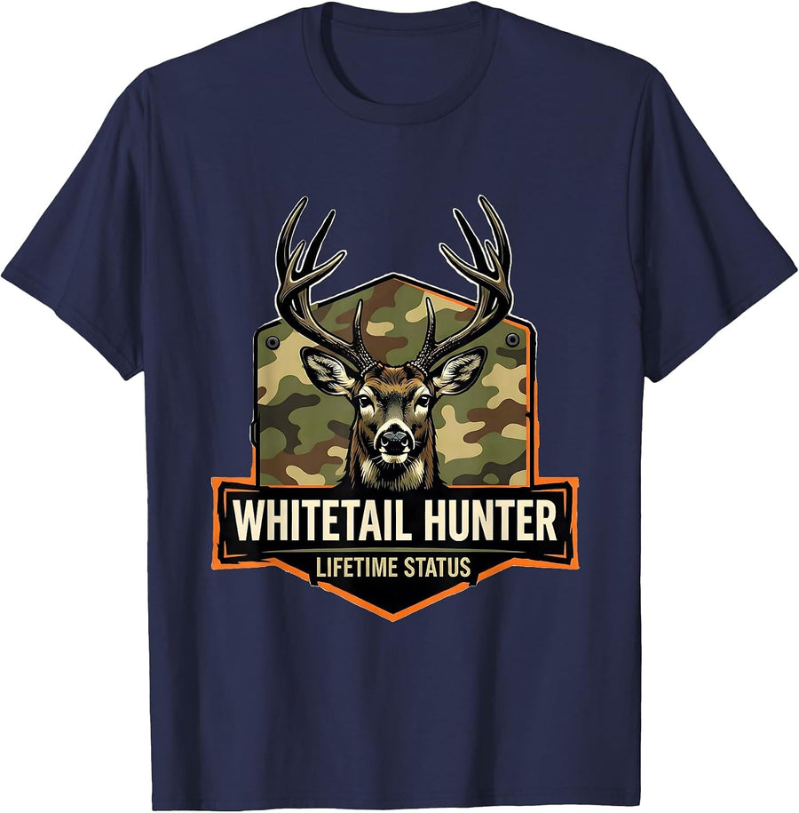 Whitetail Hunter, Lifetime Status Stencil Graphic Camo Dad T-Shirt - Navy Blue