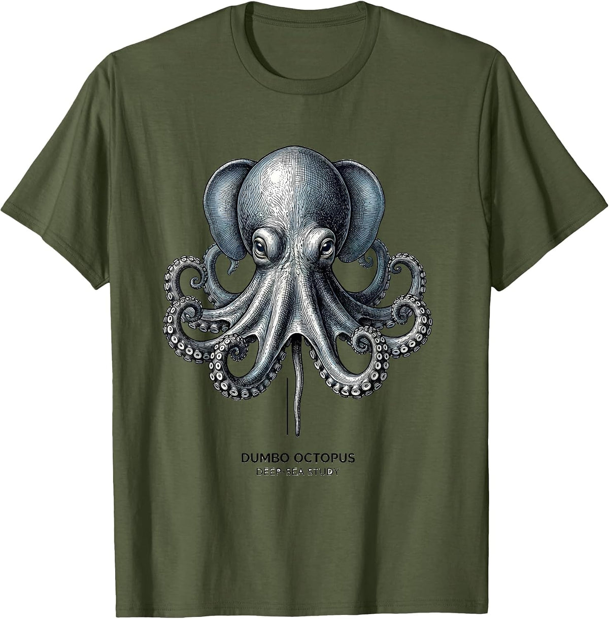 Men's Dumbo Octopus Deep-Sea Study Vintage Octopus Illustration T-Shirt - Olive Green