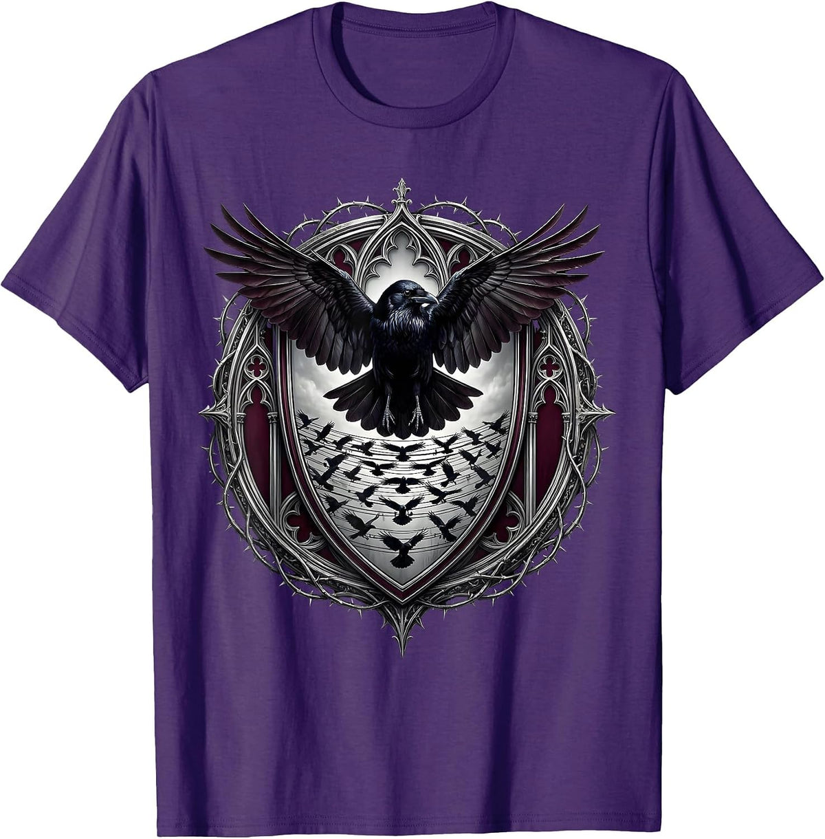 Crows on Power Lines Dark Nature Illustration T-Shirt - Purple
