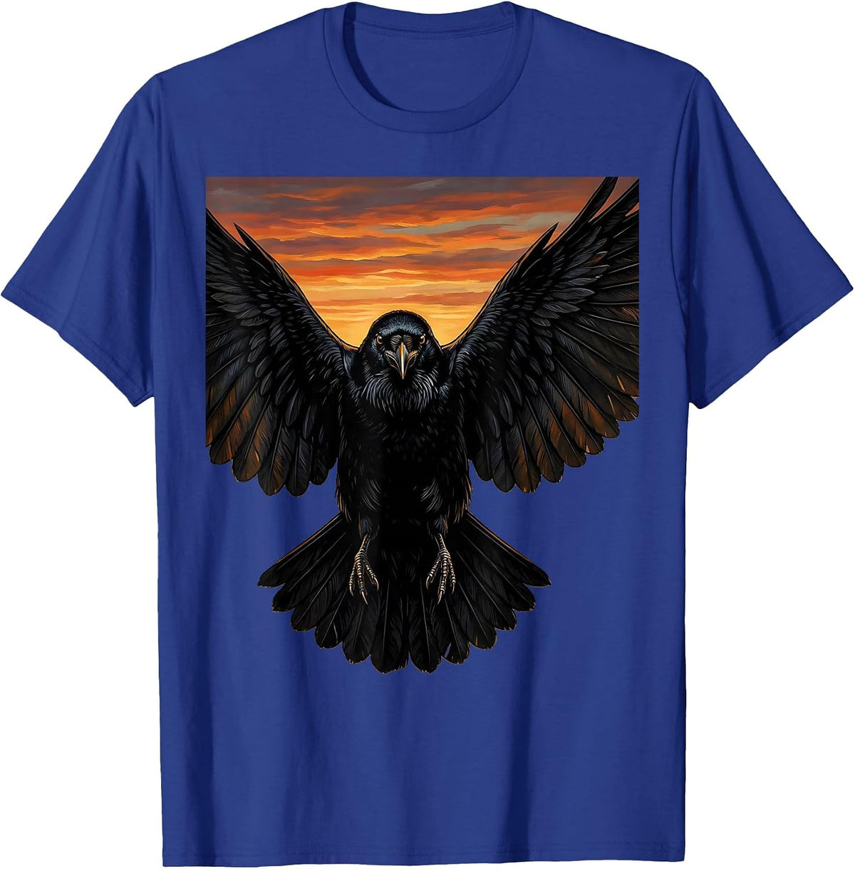 Crow With Spread Wings at Sunset Illustration T-Shirt - Royal Blue