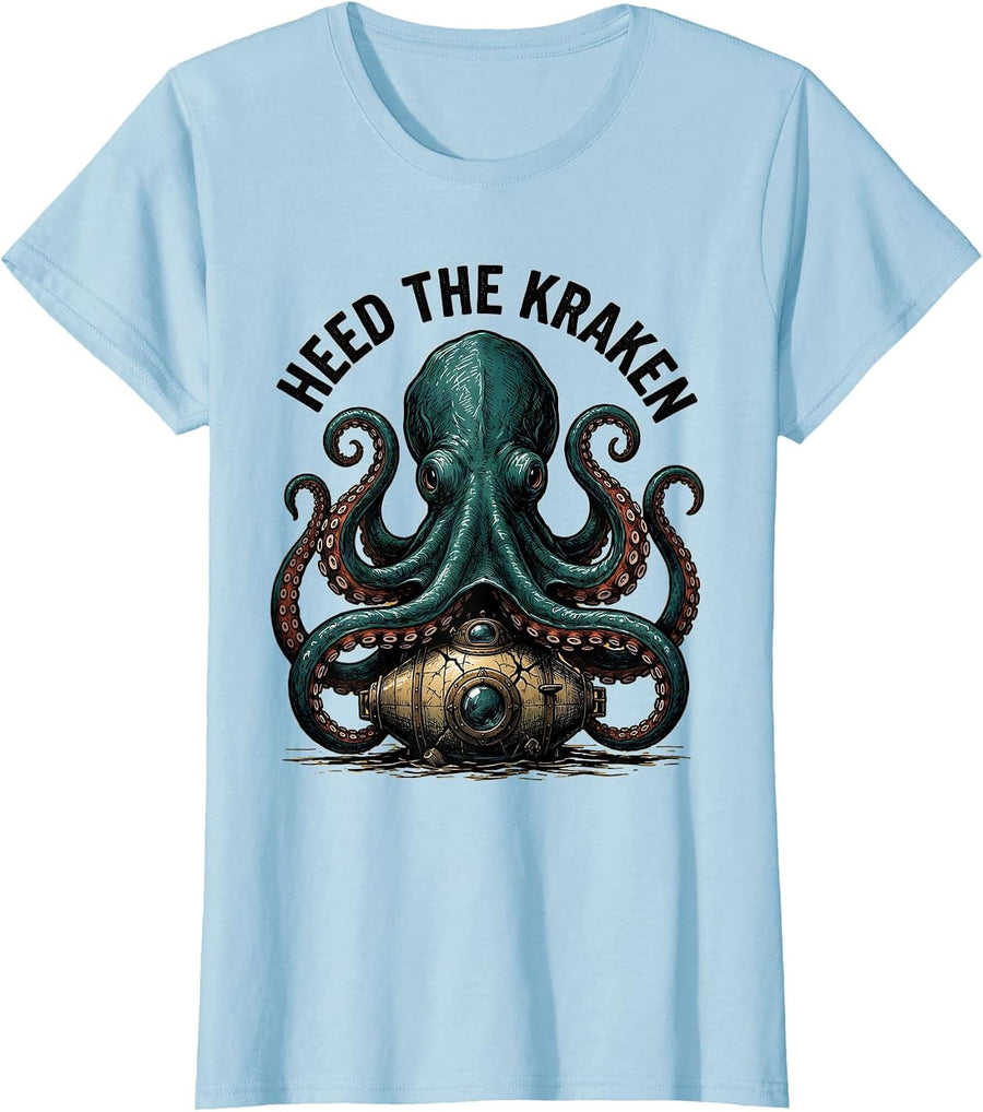 Women's Heed the Kraken Vintage Japanese Kraken Octopus Cosmic T-Shirt - Baby Blue