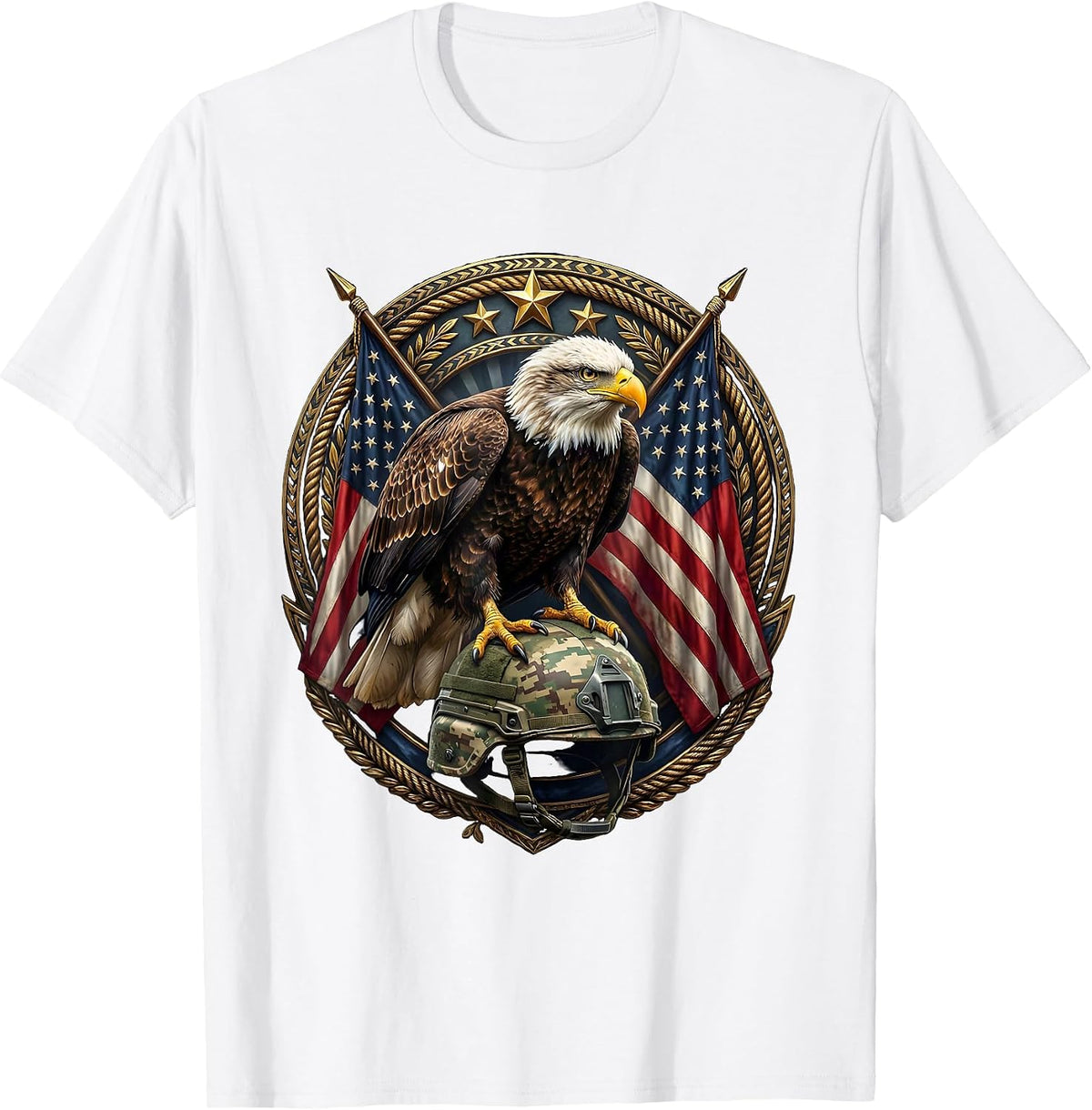 Men's Bald Eagle Military Helmet Veteran Graphic T-Shirt - White