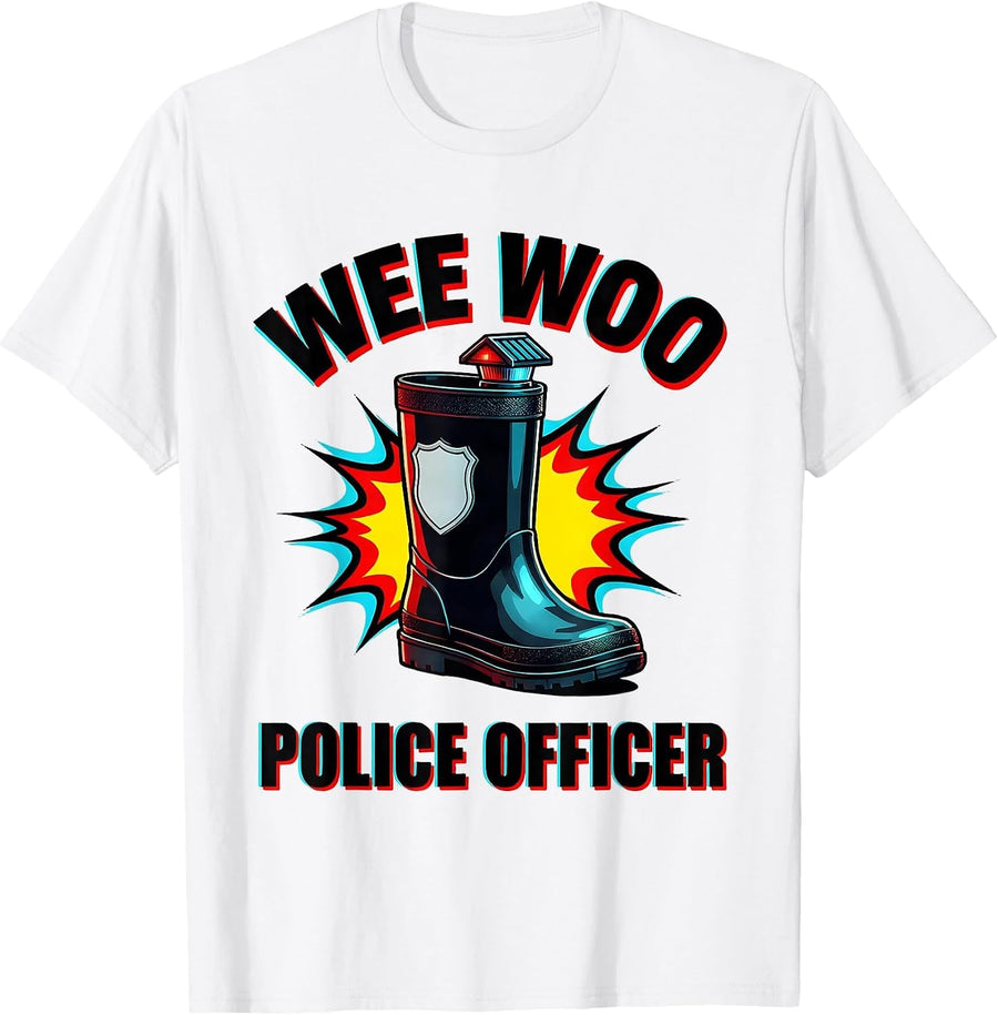 Men's Wee Woo Police Officer Funny Pop Art Kids Police Humor T-Shirt - White