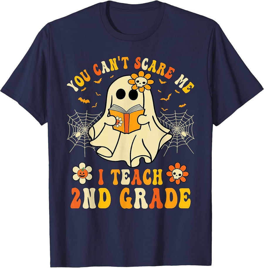You Can't Scare Me I Teach 2nd Grade Halloween Teacher Ghost T-Shirt - Navy Blue