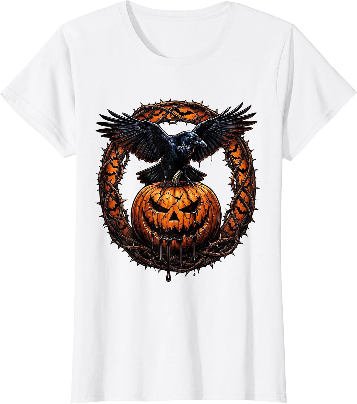 Crow on Cracked Pumpkin Halloween Graphic T-Shirt - White