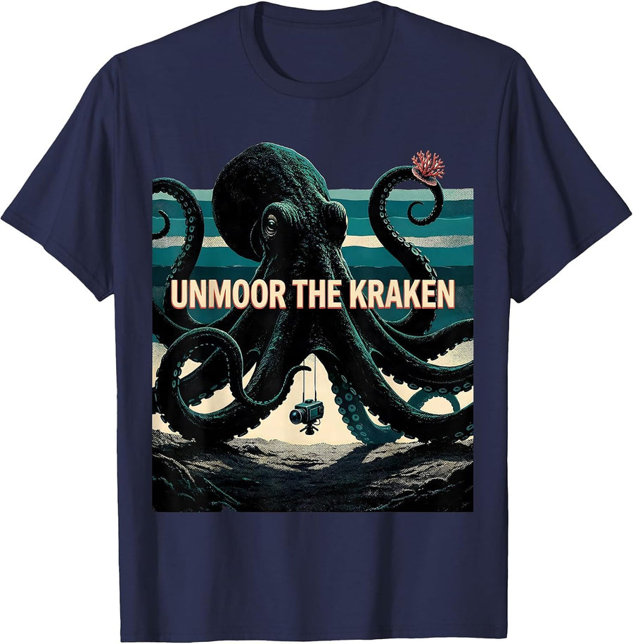 Unmoor The Kraken Vintage Kraken Octopus Marine Biology T-Shirt - Navy Blue