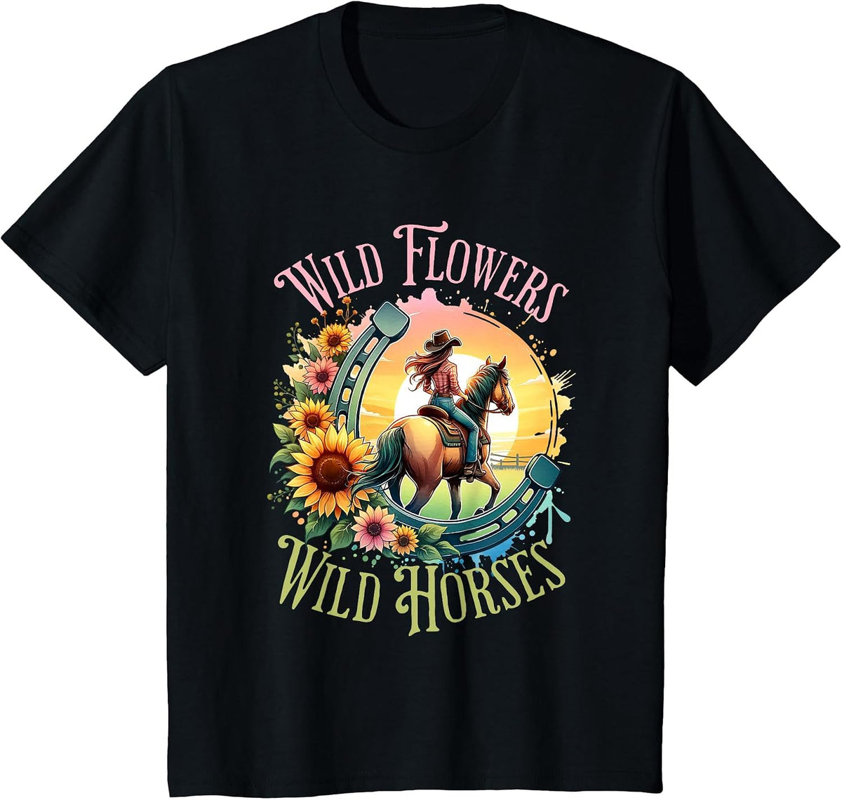 Wild Flowers & Wild Horses Country Sunset Western Cowgirl T-Shirt - Black