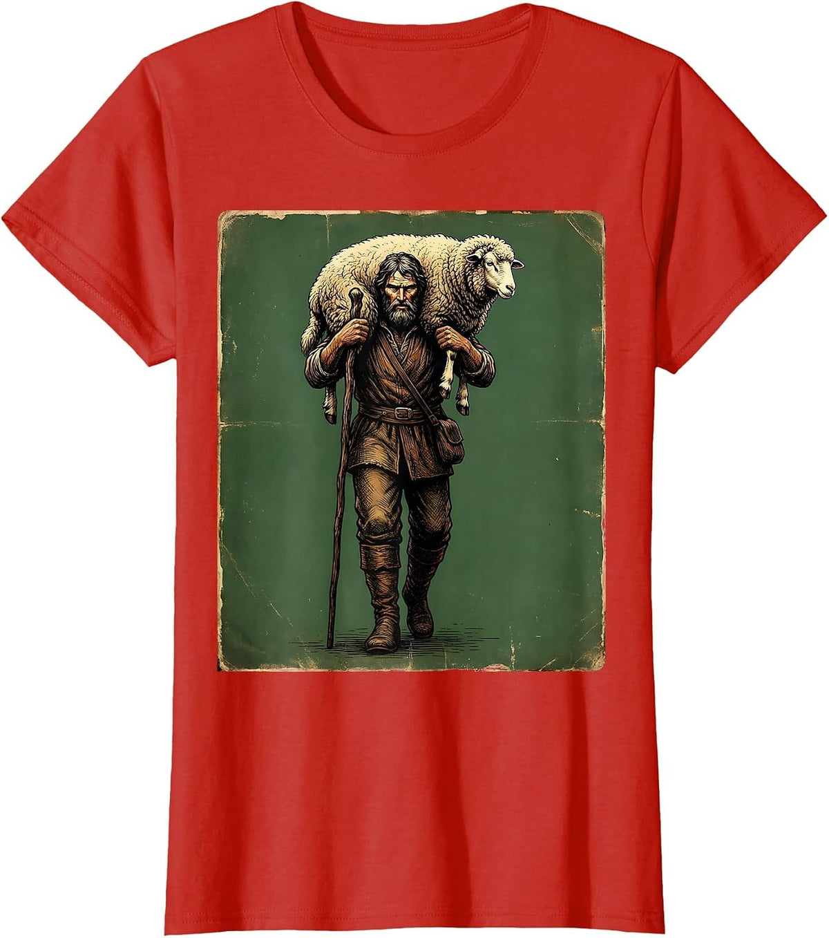 Shepherd Carrying Lost Sheep Christian Faith Graphic T-Shirt - Red