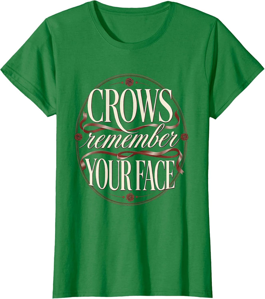 Women's Crows Remember Your Face Nature Art Design T-Shirt - Kelly Green