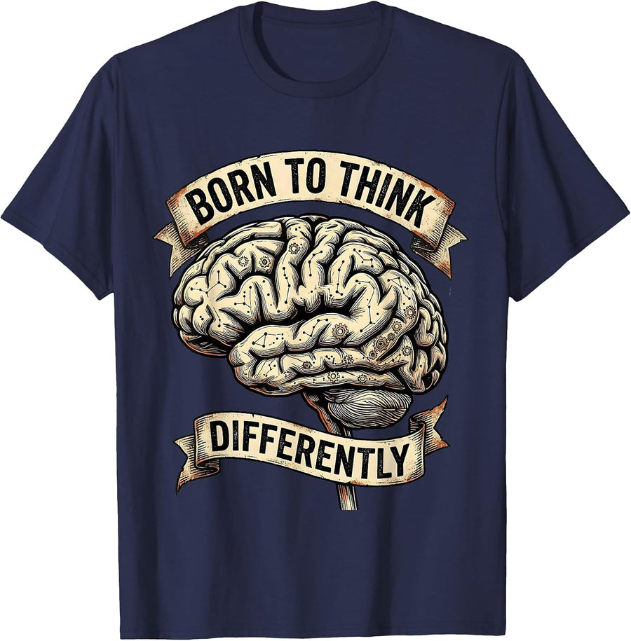 Born to Think Differently Neurodiversity Design T-Shirt - Navy Blue
