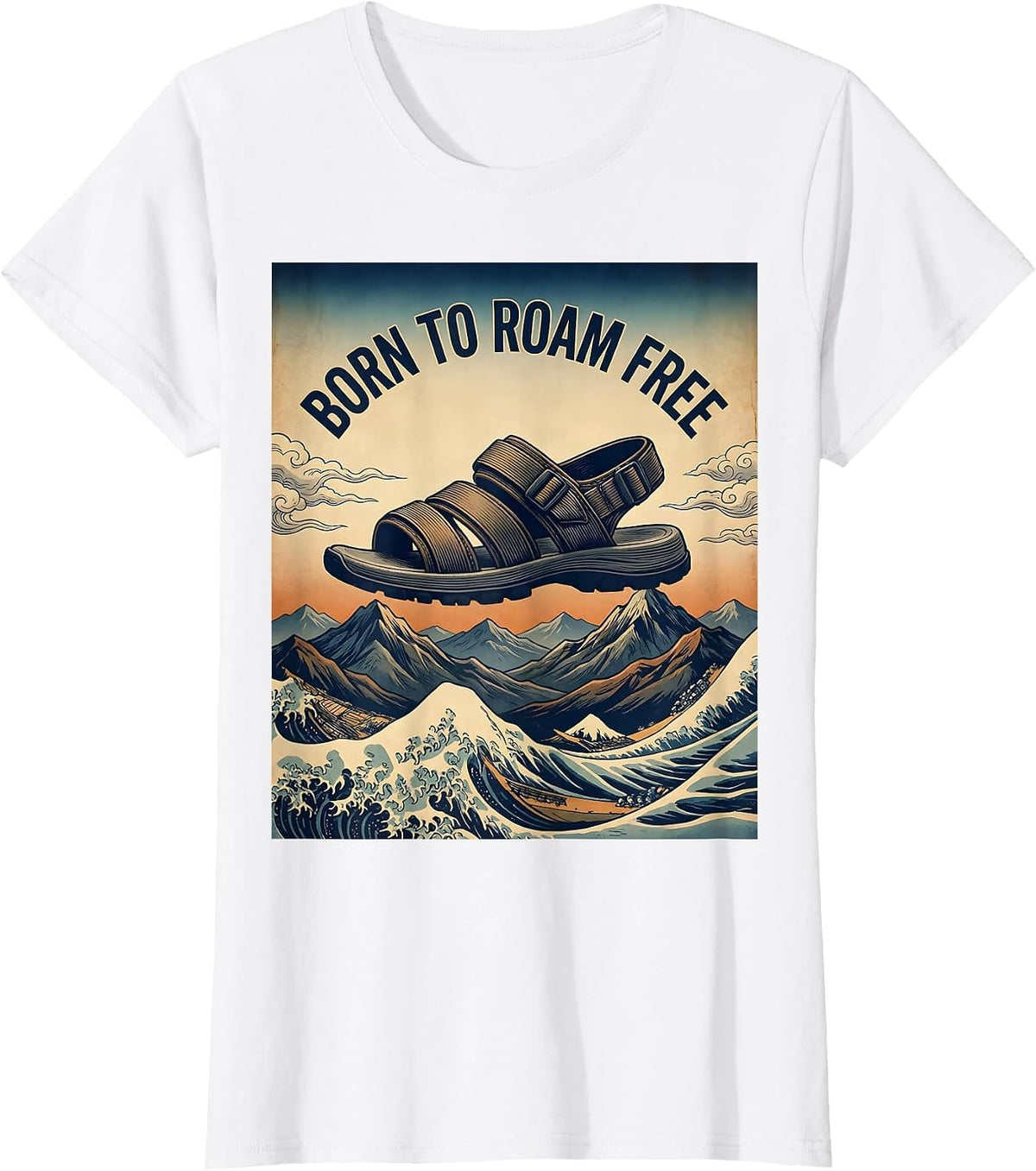 Born to Roam Free Adventure Hiking Sandals Design T-Shirt - White