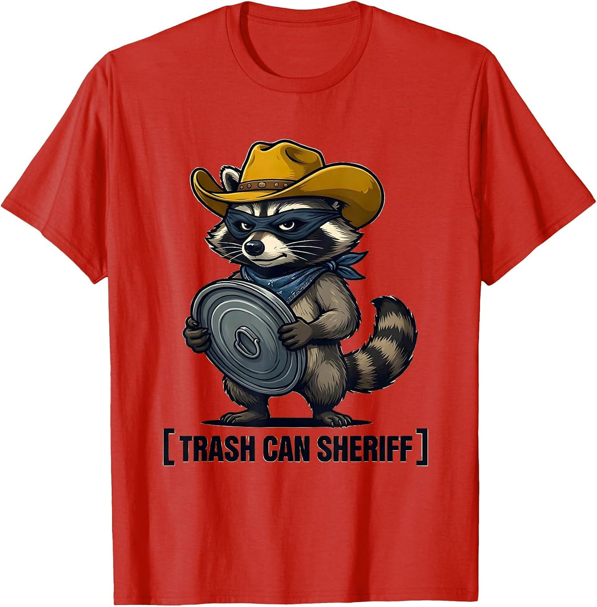 Men's Trash Can Sheriff Cartoon Raccoon Cowboy Novelty Humor T-Shirt - Red