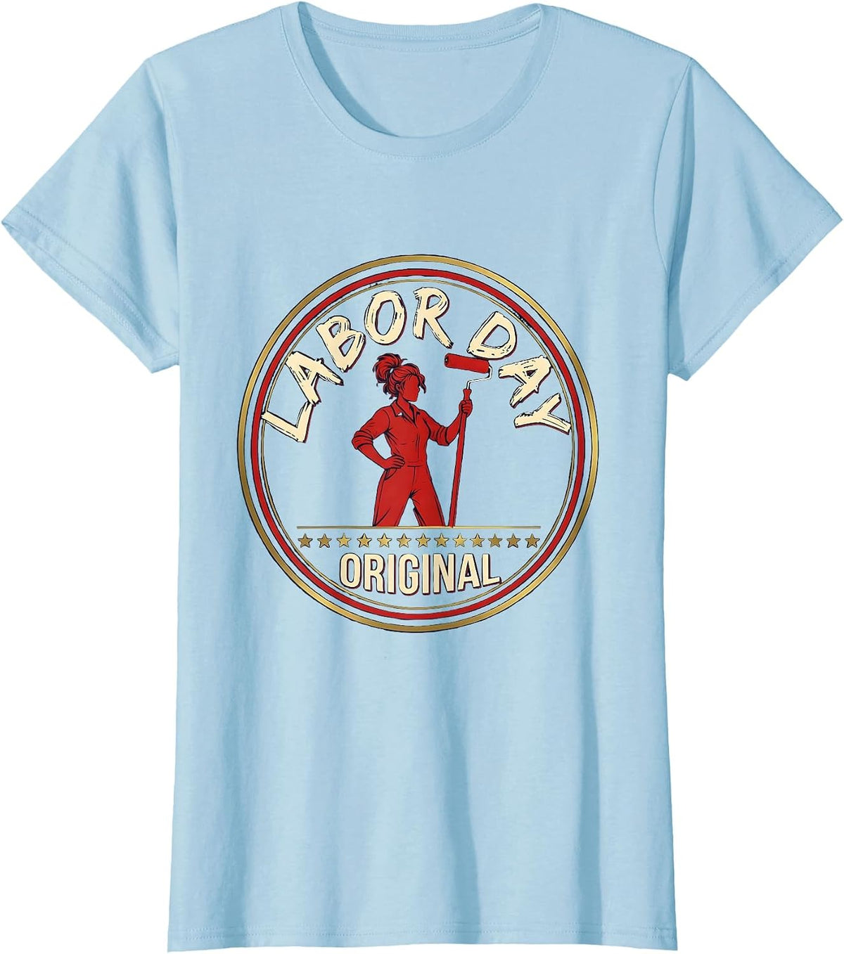 Women's Labor Day Original Patriotic Woman Messy Bun Holiday T-Shirt - Baby Blue