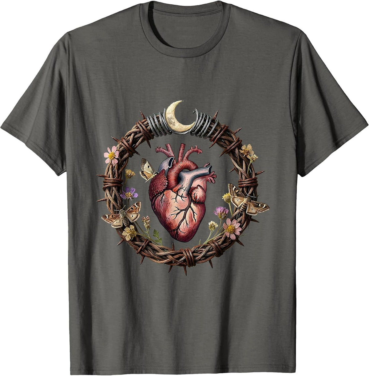 Gothic Barbed Wire Stitched Heart Dark Art Design T-Shirt - Asphalt Grey