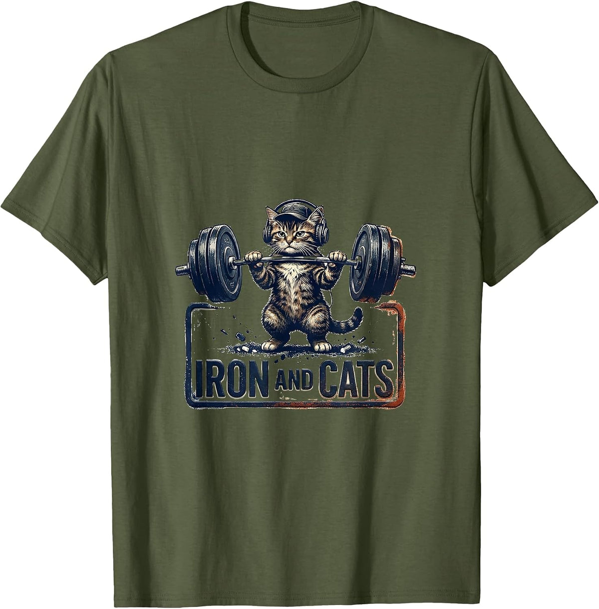 Men's Iron And Cats Rubber Stamp Funny Gym Workout Cat T-Shirt - Olive Green