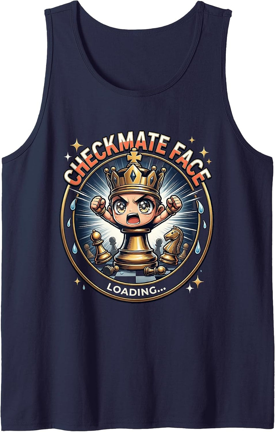Checkmate Face Loading Anime Chess King Design Tank Top - Navy Blue