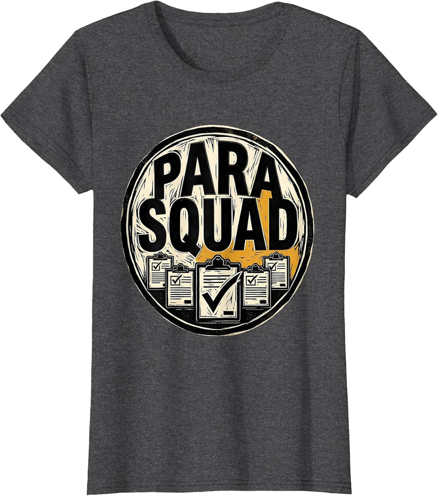 Women's Para Squad Linocut Teacher Aide Appreciation Back To School T-Shirt - Dark Heather Grey