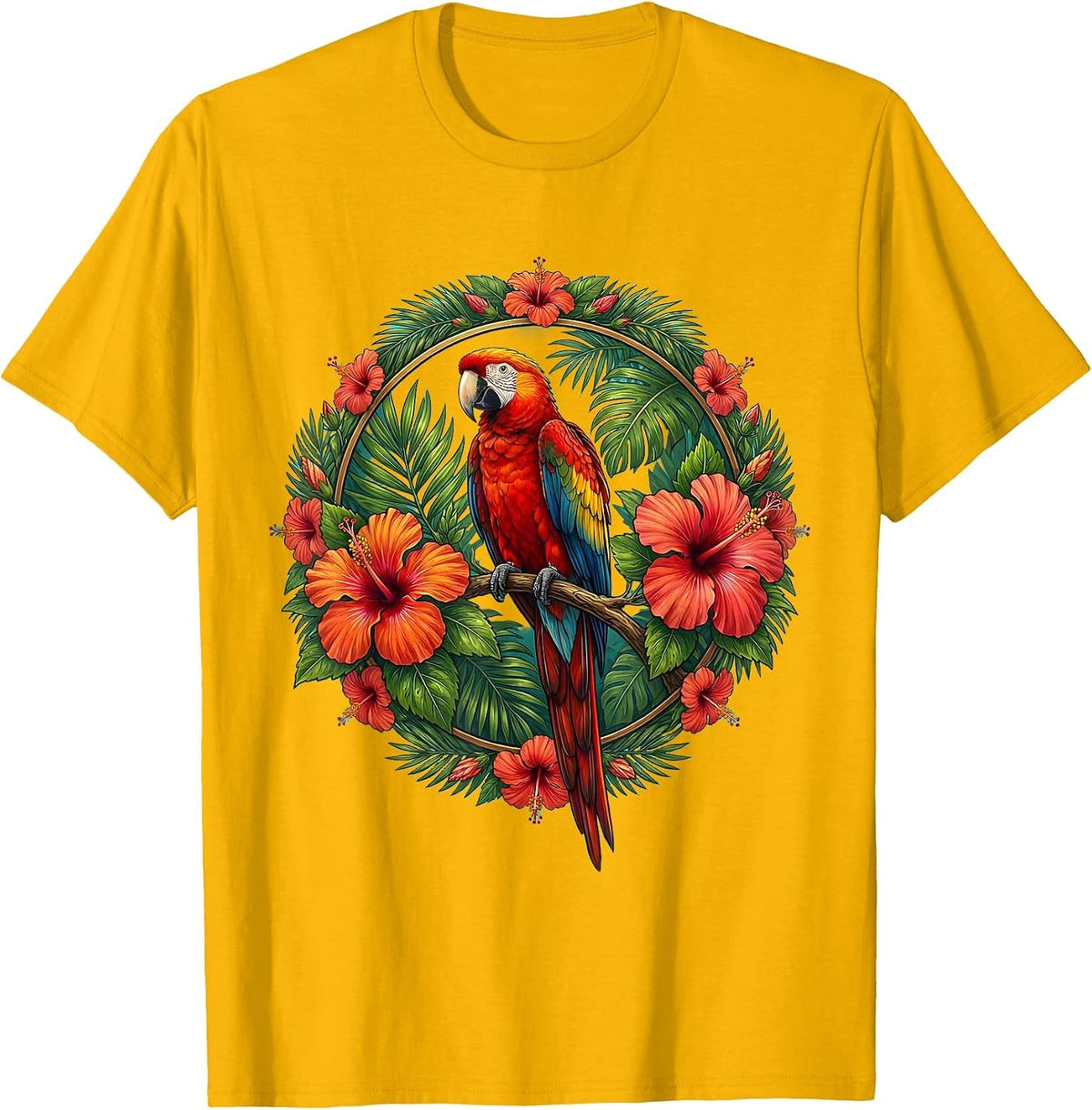 Colorful Parrot on Hibiscus Branch Hawaiian Design T-Shirt - Golden Yellow
