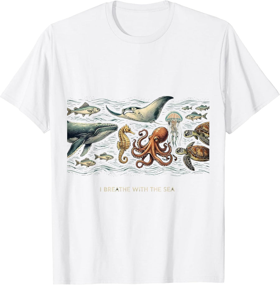 Men's I Breathe With The Sea Vintage Ocean Sea Creatures Nature T-Shirt - White