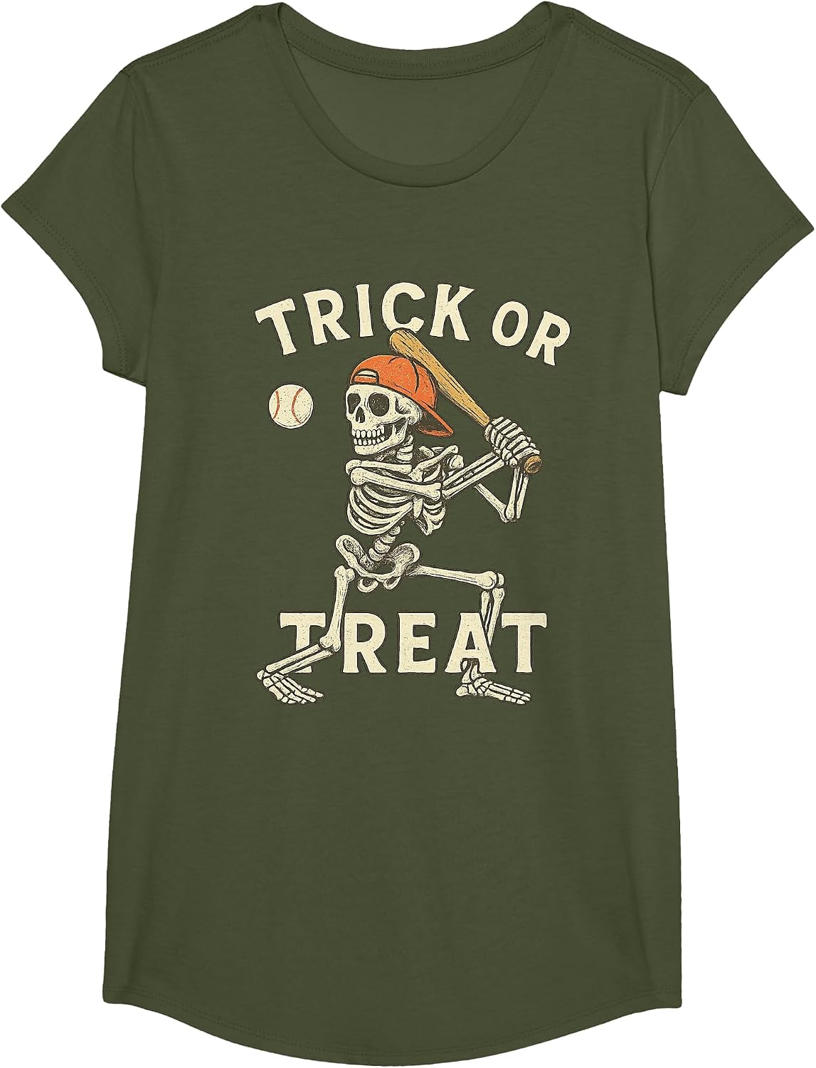 Skeleton Baseball Halloween Costume Funny Men Boys Kids Tee T-Shirt - Girls Olive Green