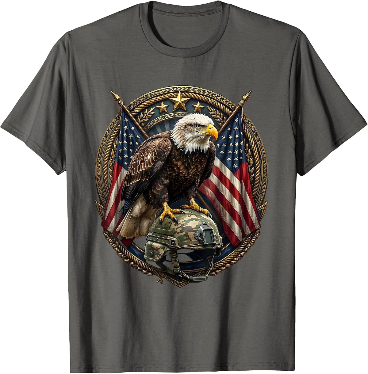 Men's Bald Eagle Military Helmet Veteran Graphic T-Shirt - Asphalt Grey