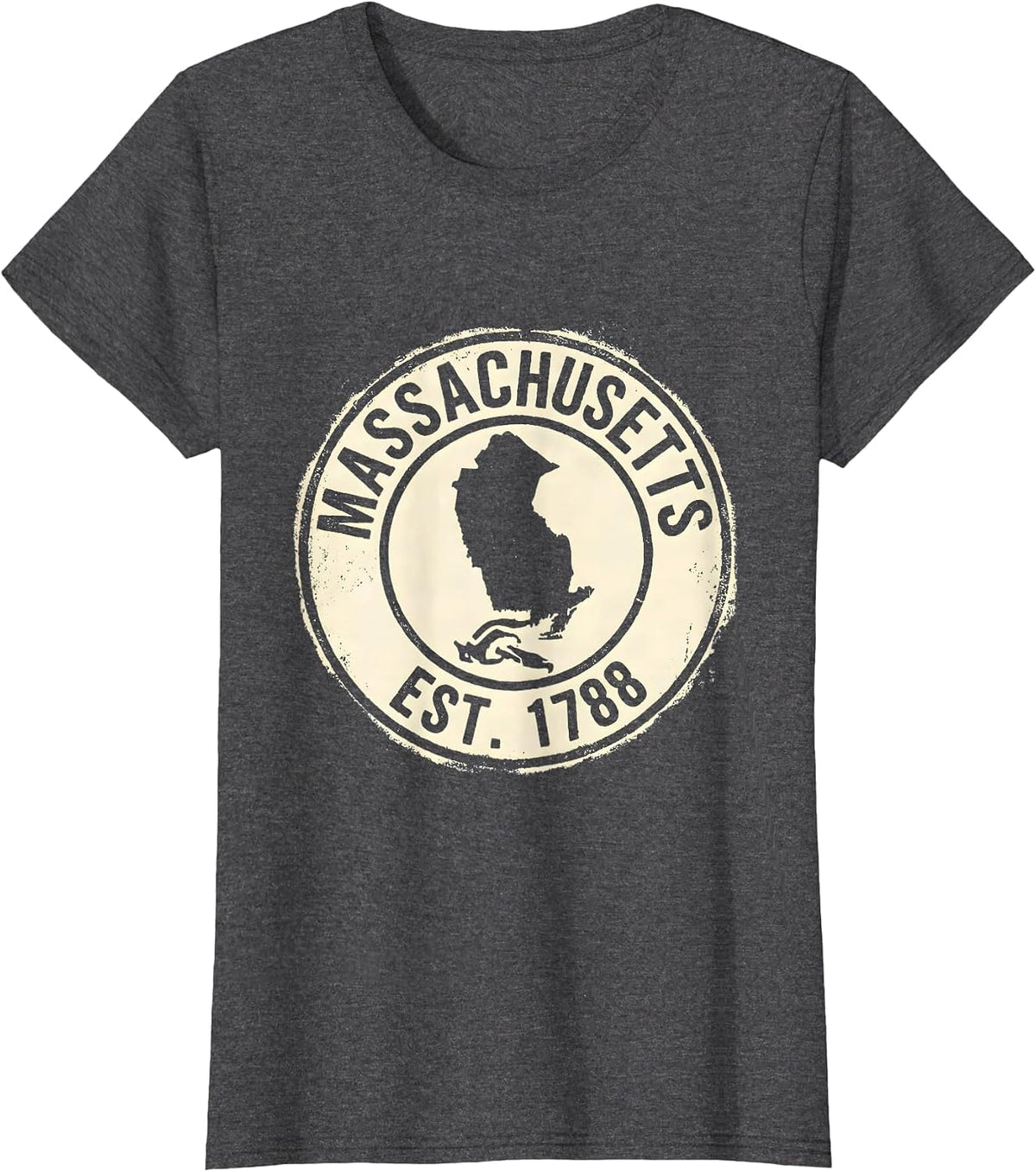 Women's Massachusetts Est. 1788 Vintage Rubber Stamp State Pride T-Shirt - Dark Heather Grey