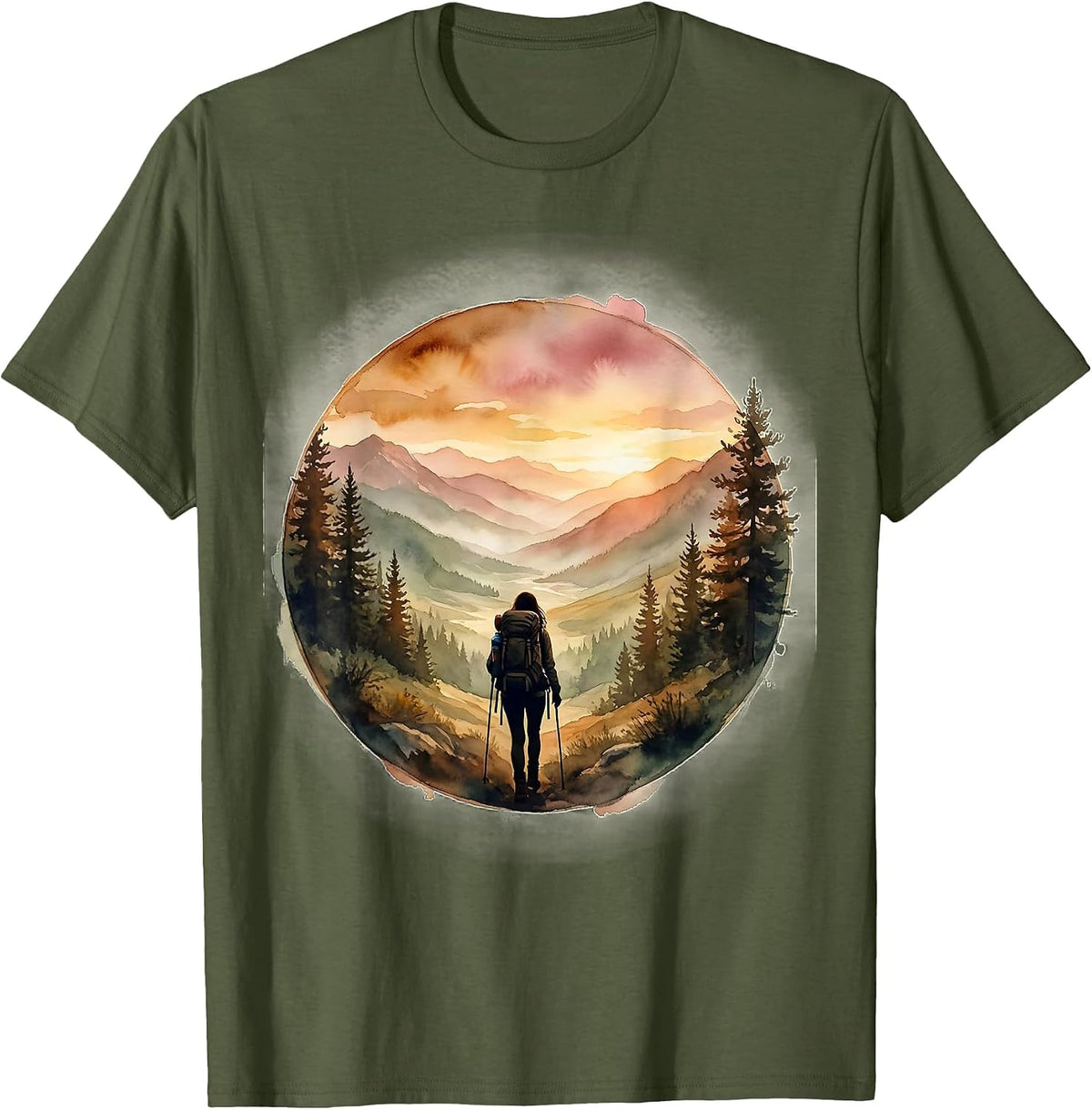 Backpacker Sunset Valley Silhouette Hiking Design T-Shirt - Olive Green
