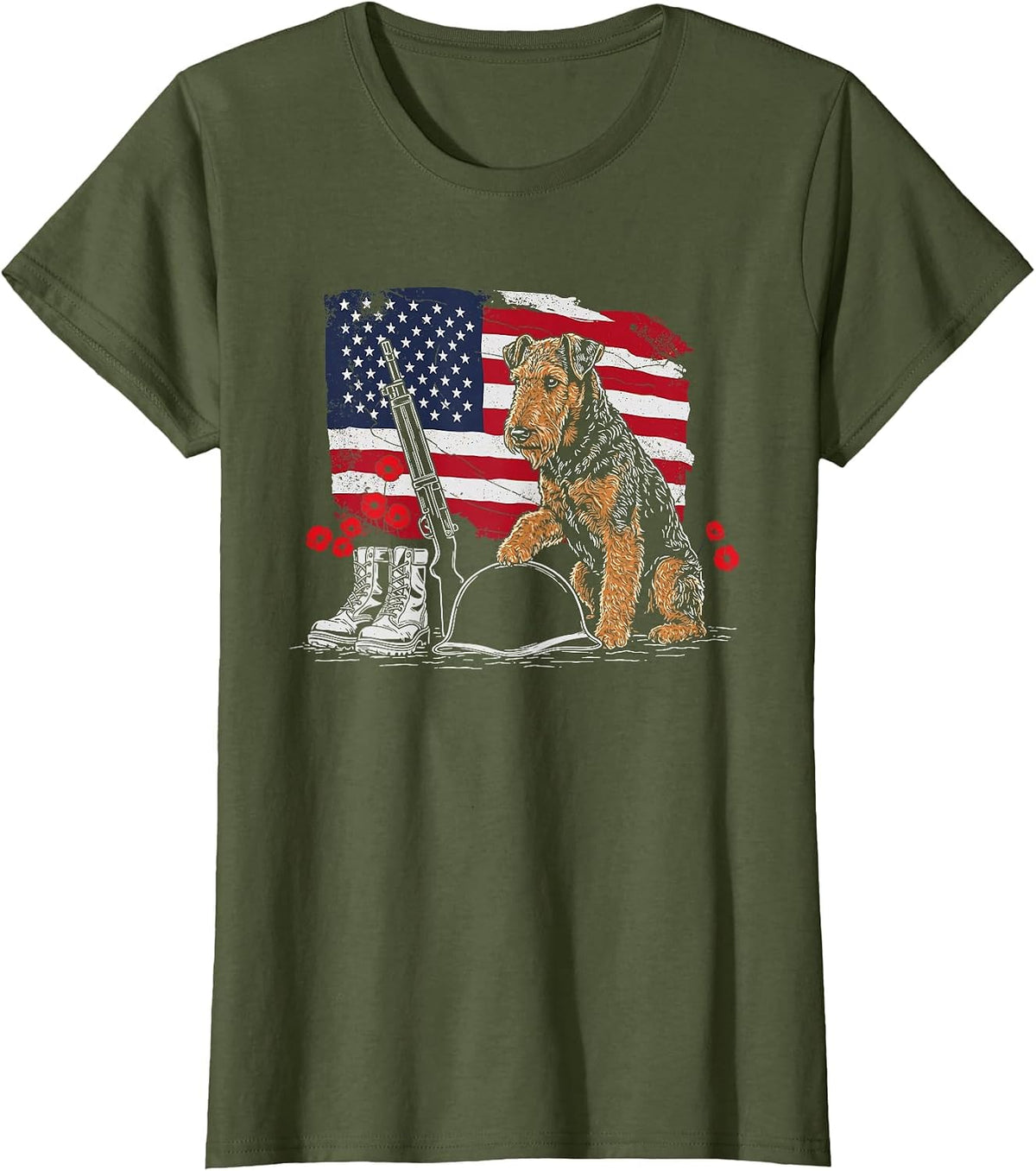 Airedale Terrier American USA Flag Memorial Day 4th of July T-Shirt - Olive Green